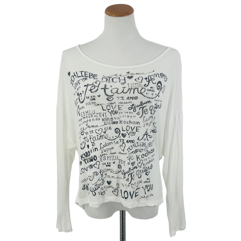 Slouchy White Black Graphic Print Cut-Out Slashed Back L/S Top | Streetwear Glam - Picture 2 of 10